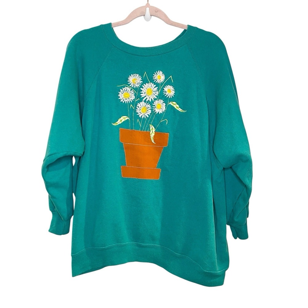 Vintage Hanes Sweatshirt 2X Green Daisy Floral Gardens Collar Cottagecore 90s